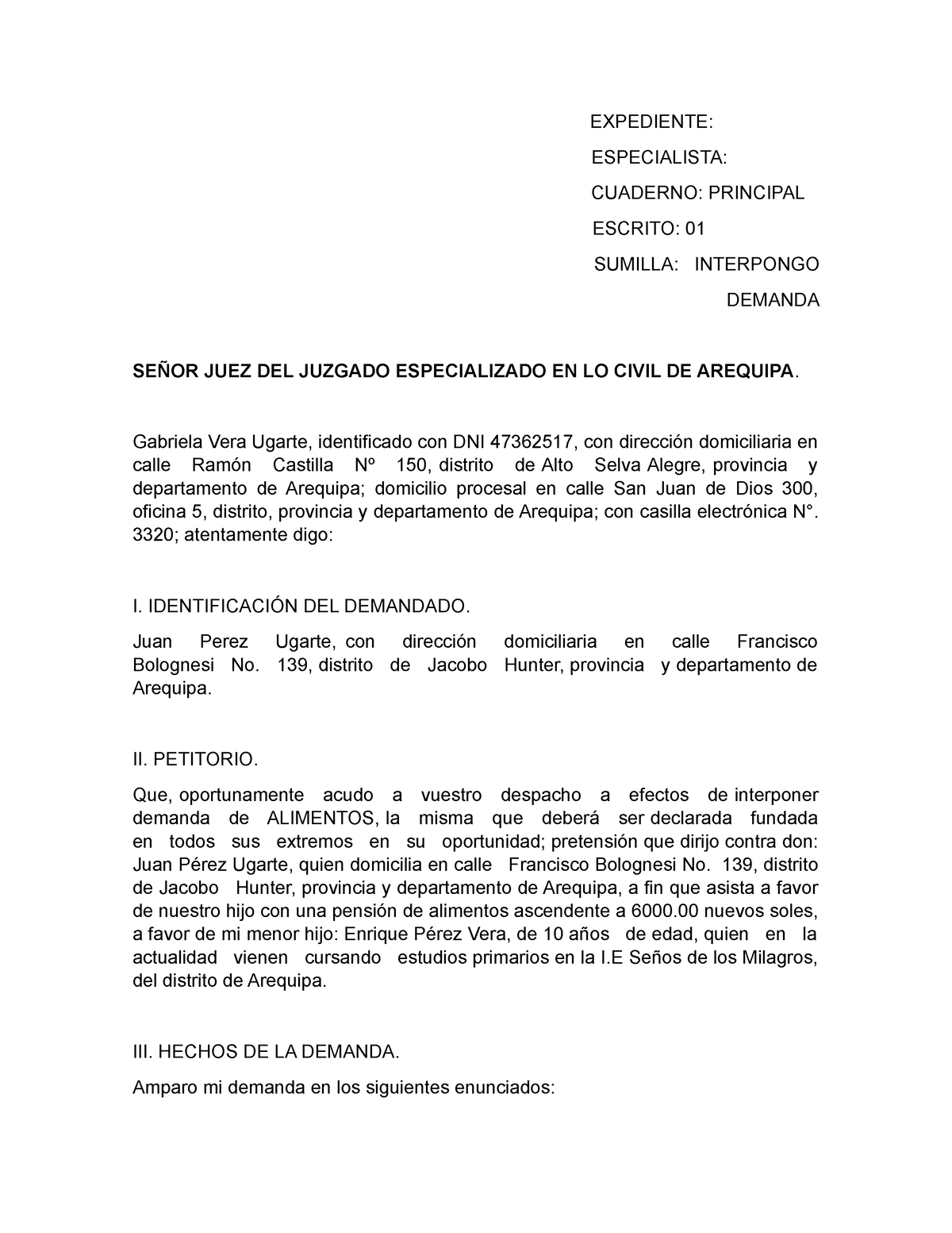 Demanda De Alimentos Expediente Especialista Cuaderno Principal Escrito 01 Sumilla 4450