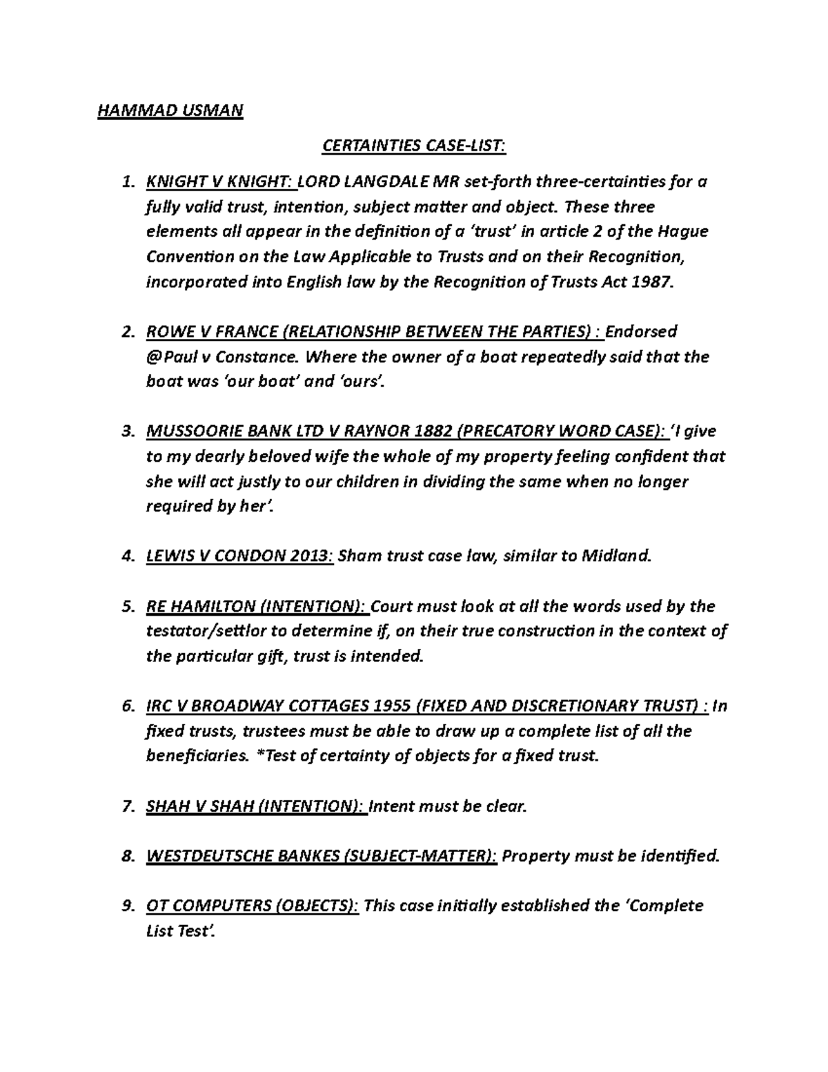 Certainties CASE-LIST - HAMMAD USMAN CERTAINTIES CASE-LIST: KNIGHT V ...