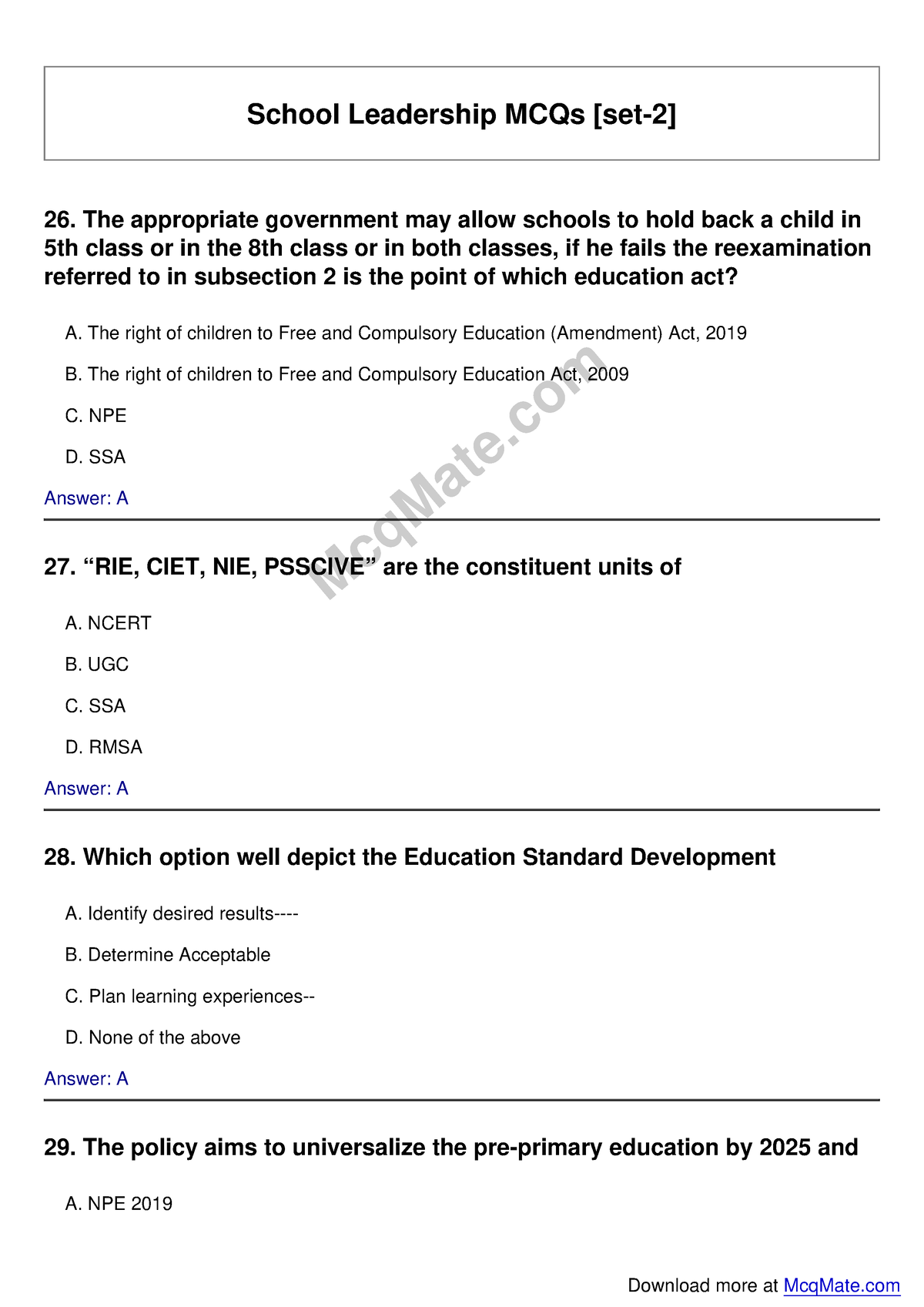 School Leadership Solved MCQs [set-2] Mcq Mate - School Leadership MCQs ...