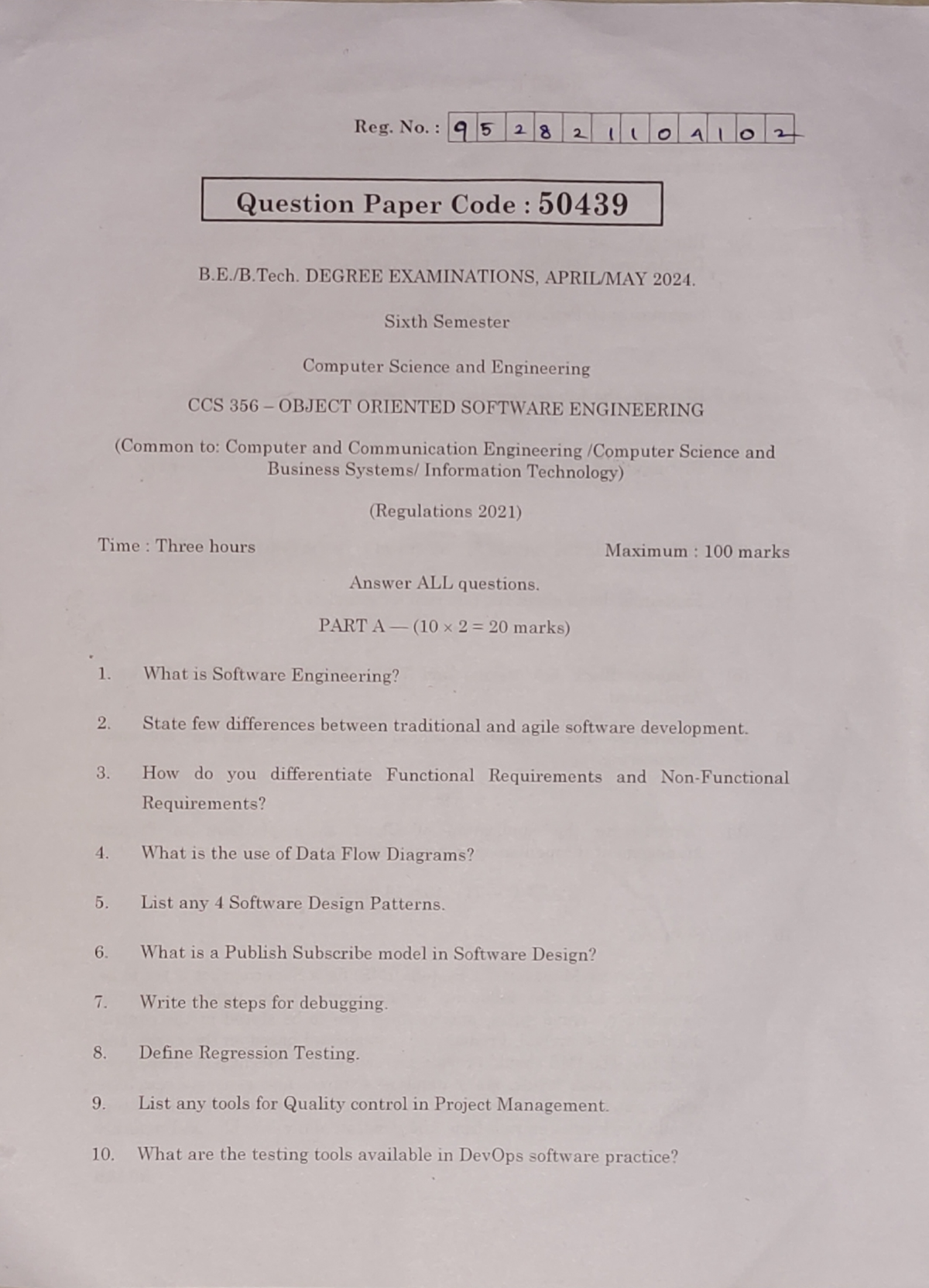 OOSE - NOTES - Reg. No.: 952821104102 Question Paper Code : 50439 ...