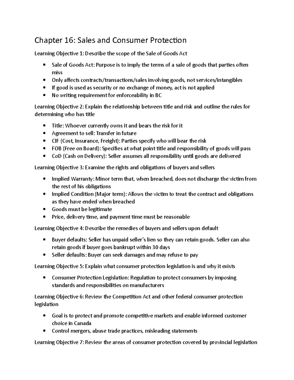 BLAW Chapter 16 Notes - Chapter 16: Sales and Consumer Protection ...