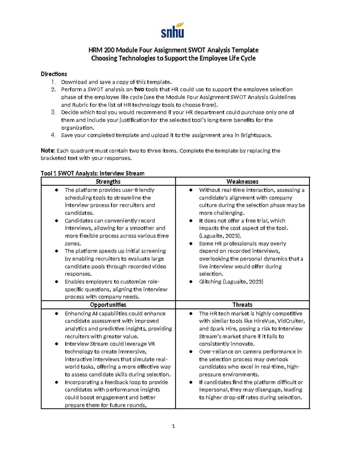 HRM 200 Module Four Assignment SWOT Analysis Template - Download and ...