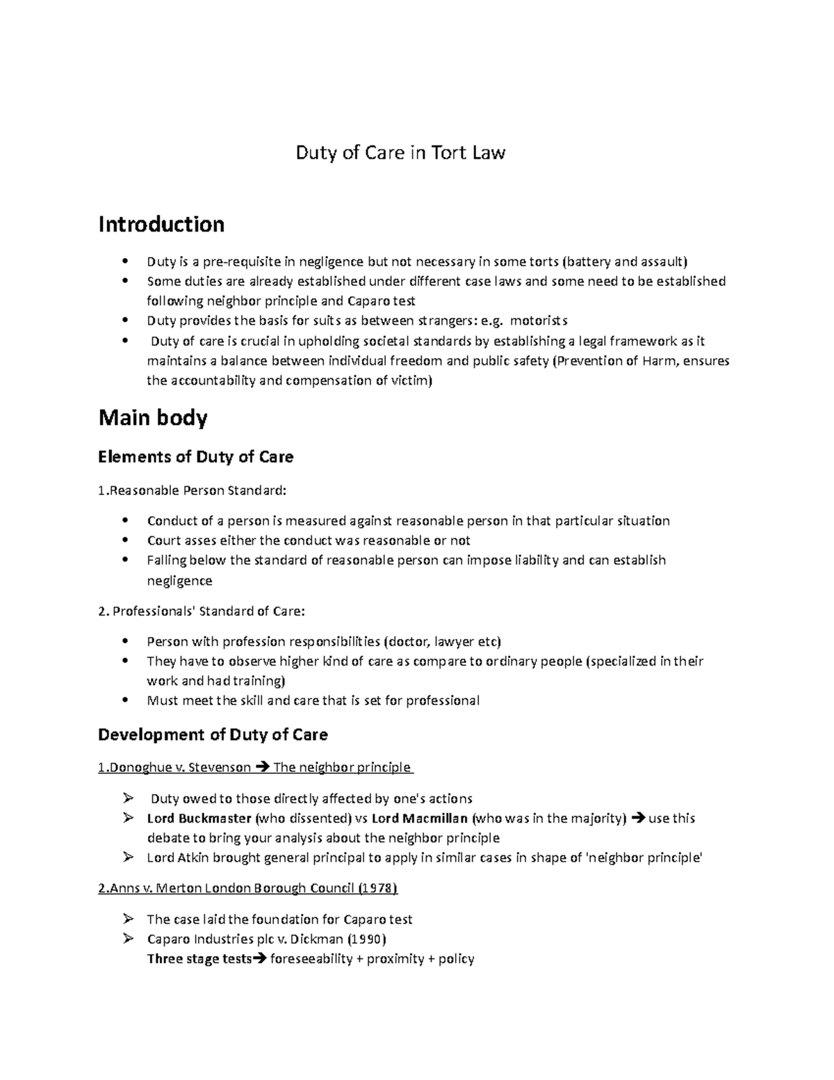 Esaay duty of care - Summary Law Of Tort - Duty of Care in Tort Law ...