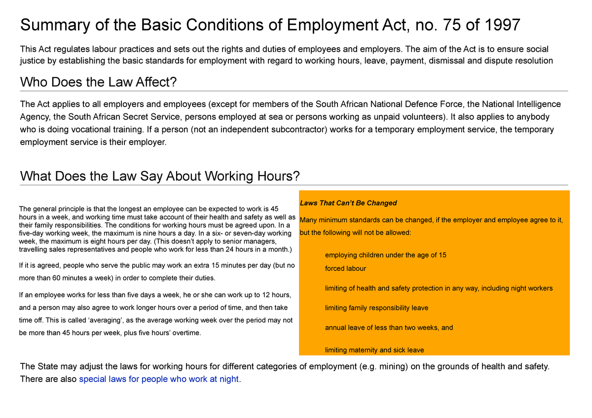 Summary Of The Basic Conditions Of Employment Act 75 Of 1997 This Act 