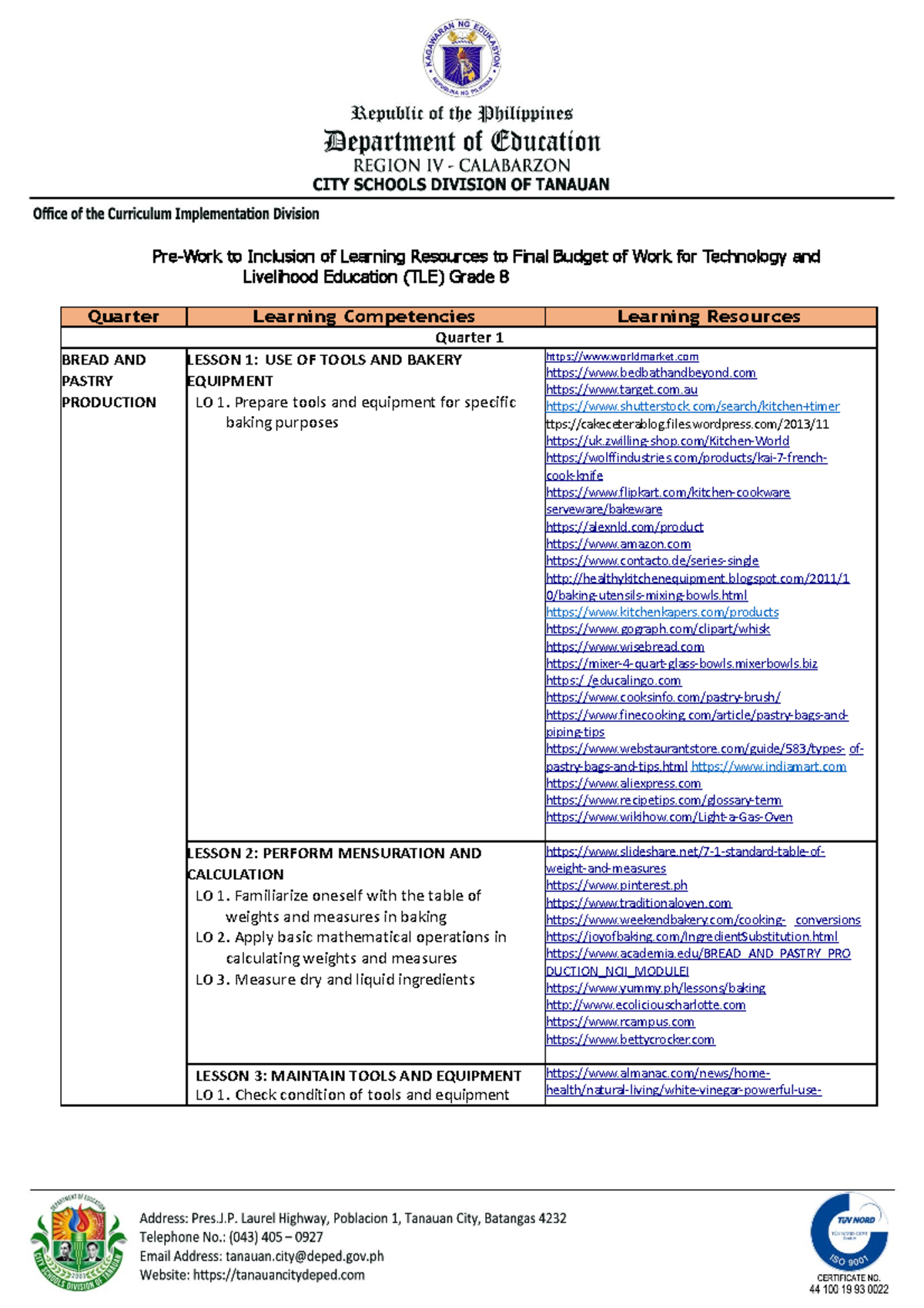 Q1-to-q4-budget-of-work-grade-8-tle - Pre-Work to Inclusion of Learning ...