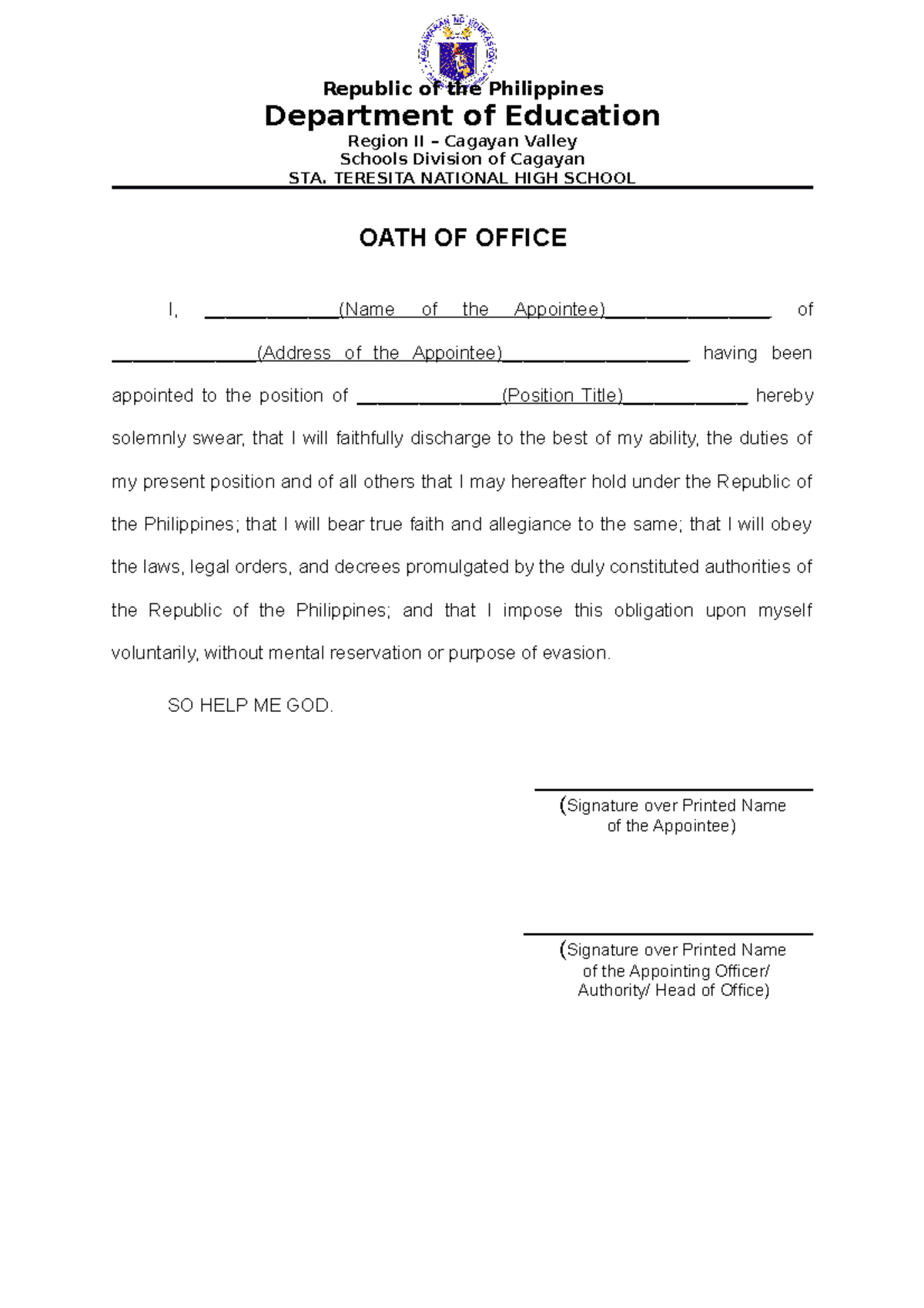 Oath - Read - Republic of the Philippines Department of Education ...