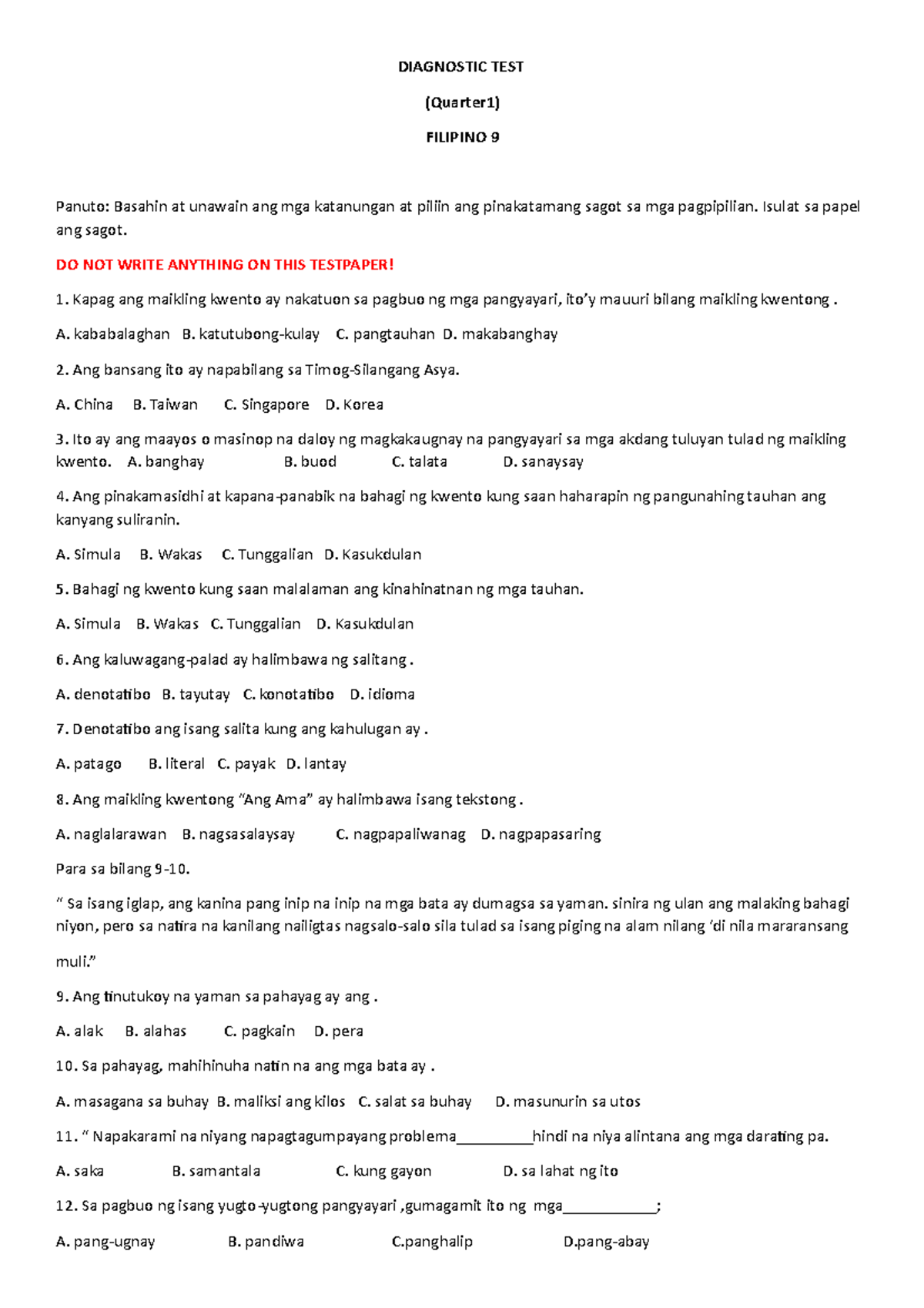 Diagnostic TEST- Filipino 9 - DIAGNOSTIC TEST (Quarter1) FILIPINO 9 ...