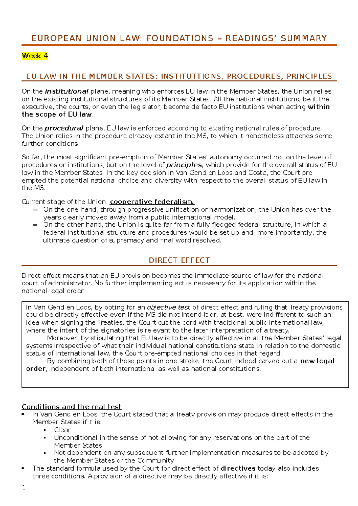 European Union Law Foundations Week 4 European Union Law Foundations Readings Summary Week Studeersnel