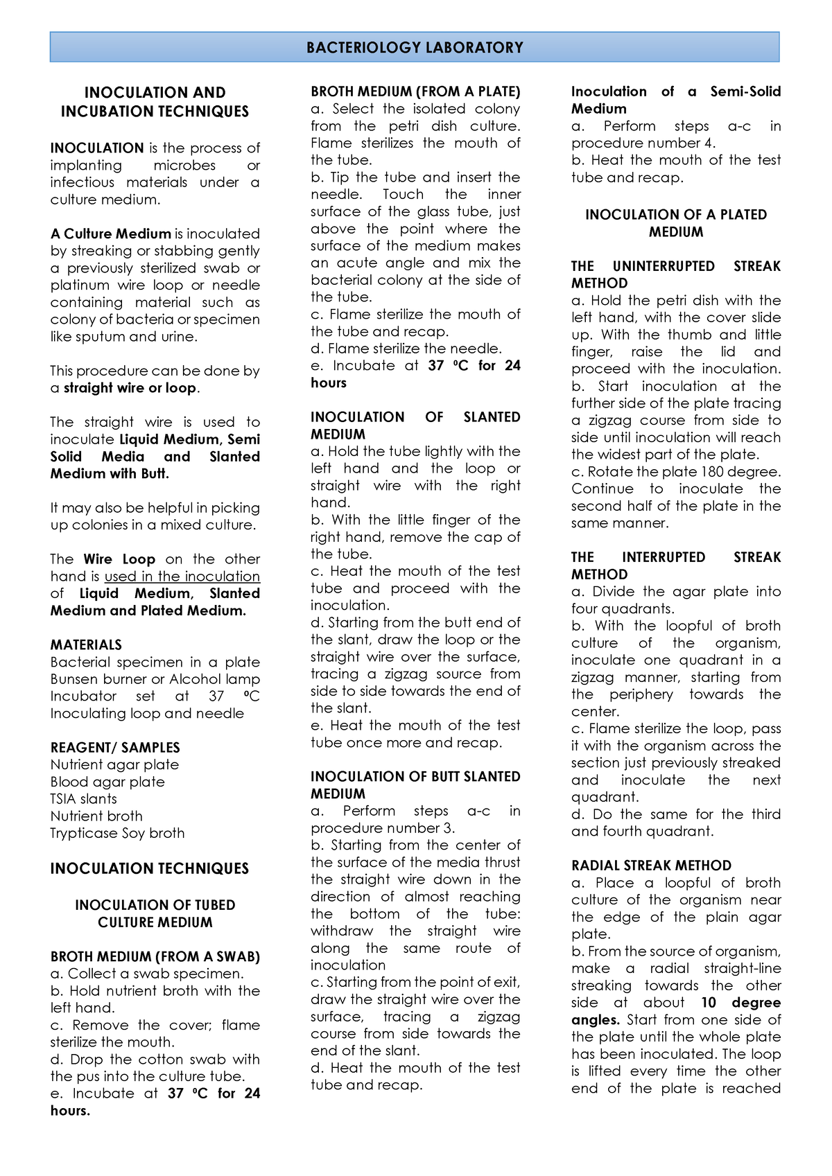Bacte LAB - BACTERIOLOGY LABORATORY INOCULATION AND INCUBATION ...