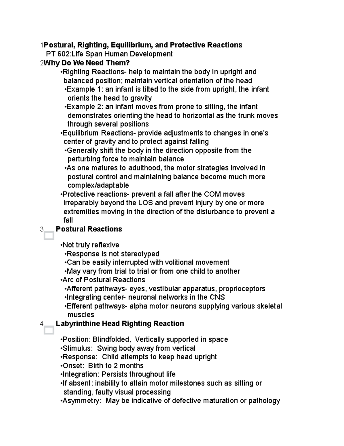 Righting Equilibrium Protective Postural Reactions 1 Postural