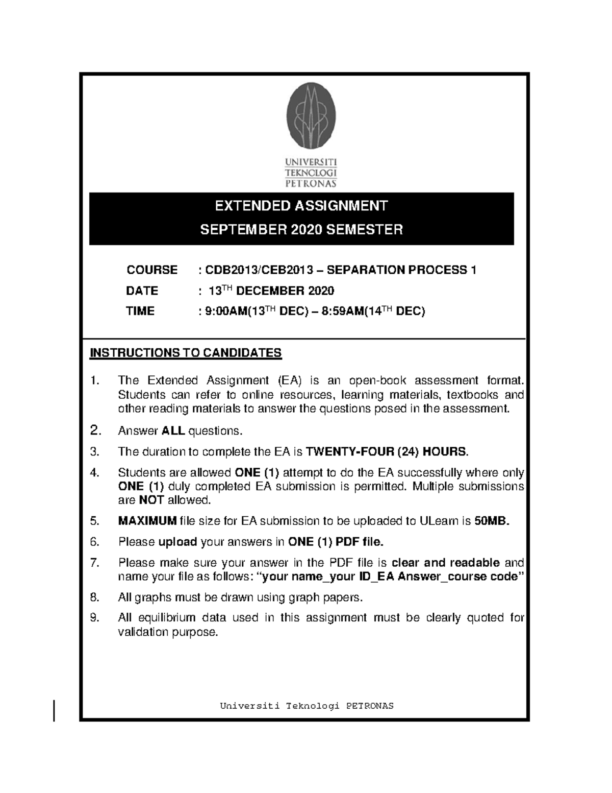 Extended assignment Sept 2020 - C OURSE : CDB 2013 /CEB2013 ...