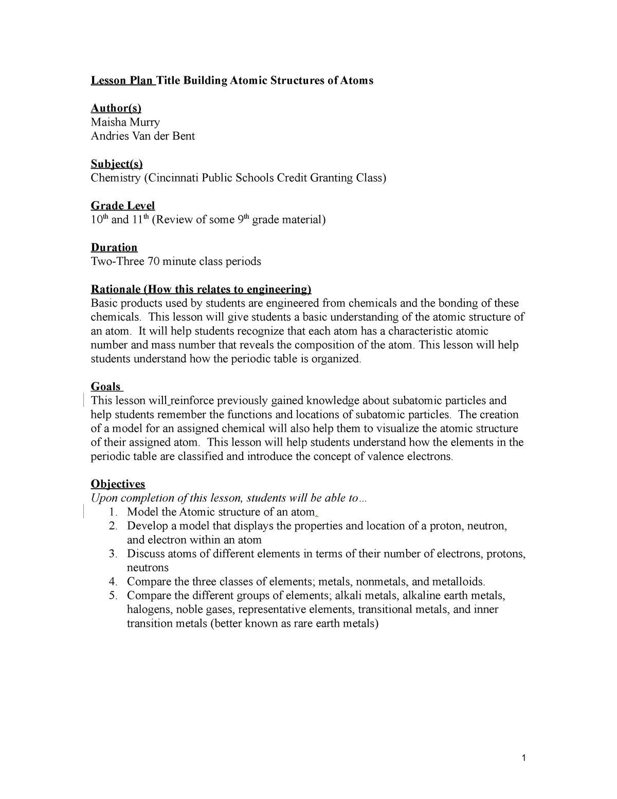 Atomic Structure Lesson Plan Studocu