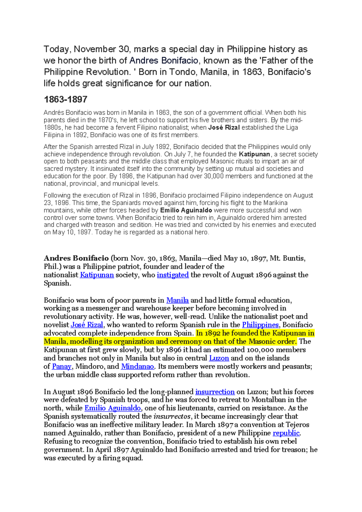 Today - Notes from different sources on Andres Bonifacio's Letter to ...