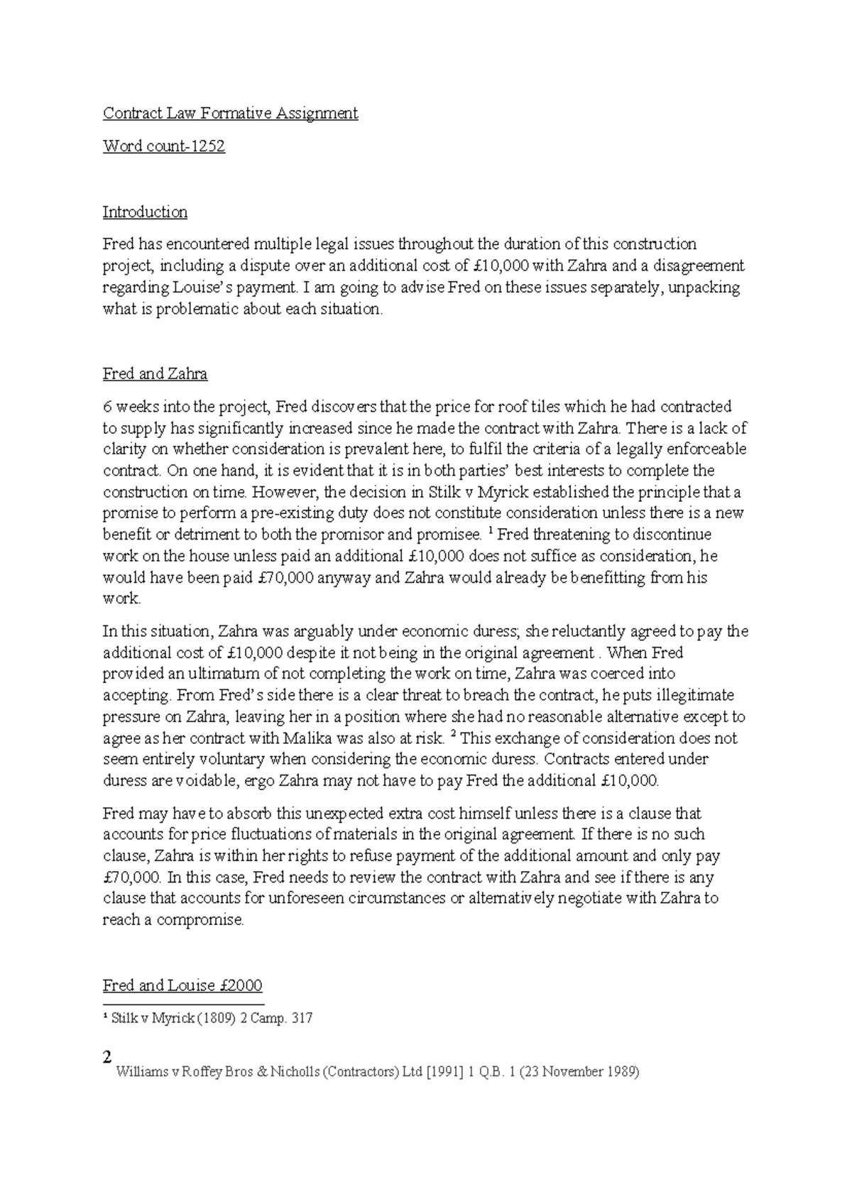 Contract Law Formative Assignment - I am going to advise Fred on these ...