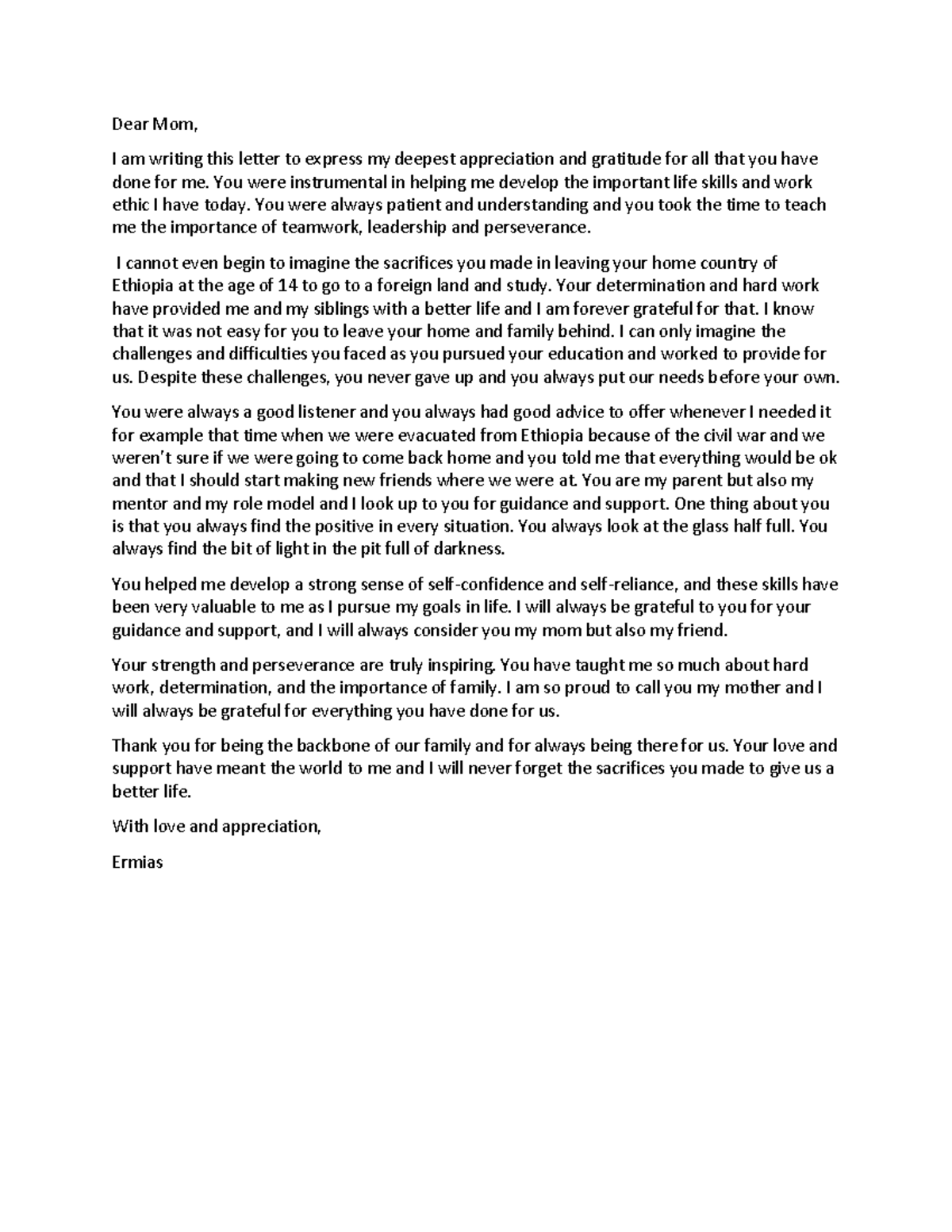 ENGR essay 2 - Dear Mom, I am writing this letter to express my deepest ...