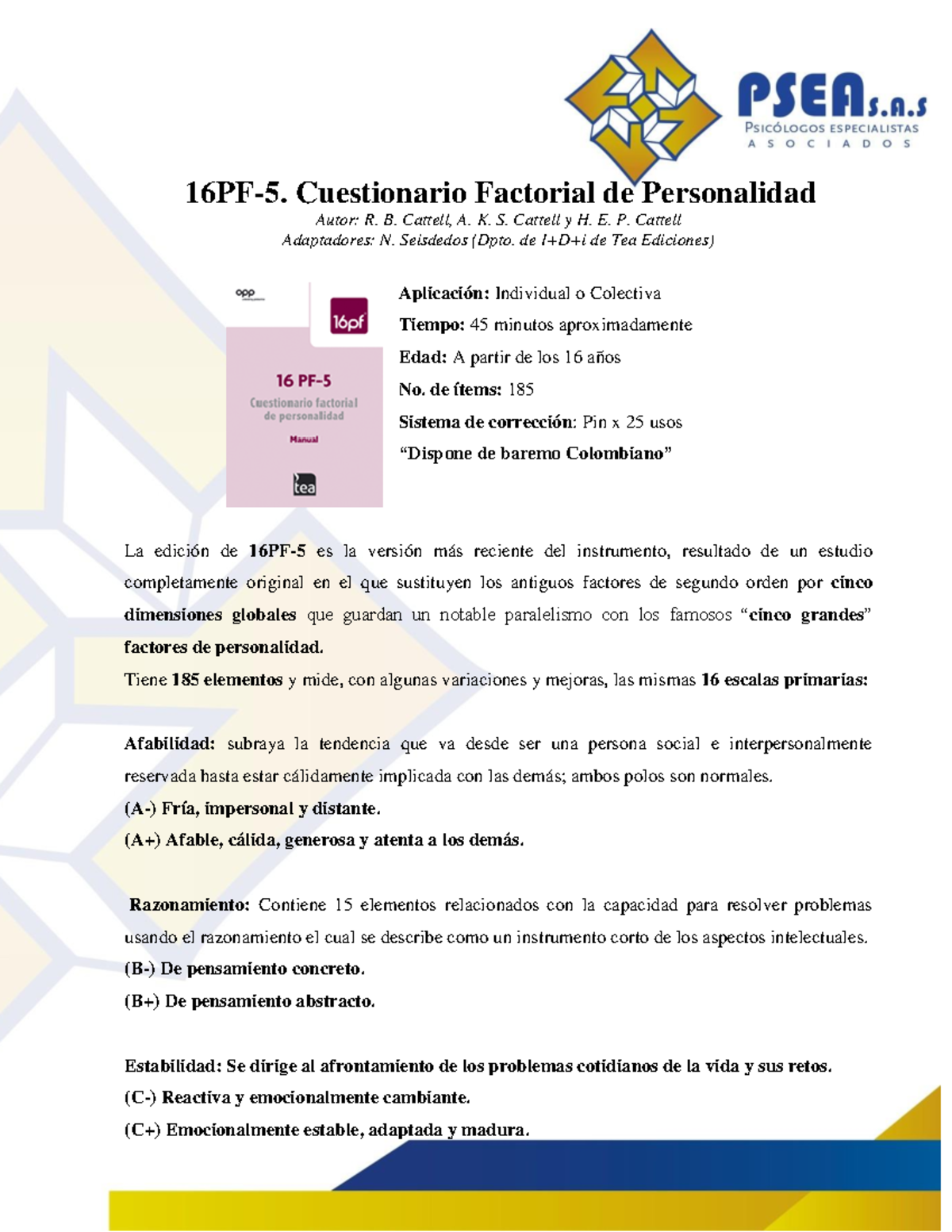 16PF-5 - 16 Pf 5 - 16PF-5. Cuestionario Factorial De Personalidad Autor ...