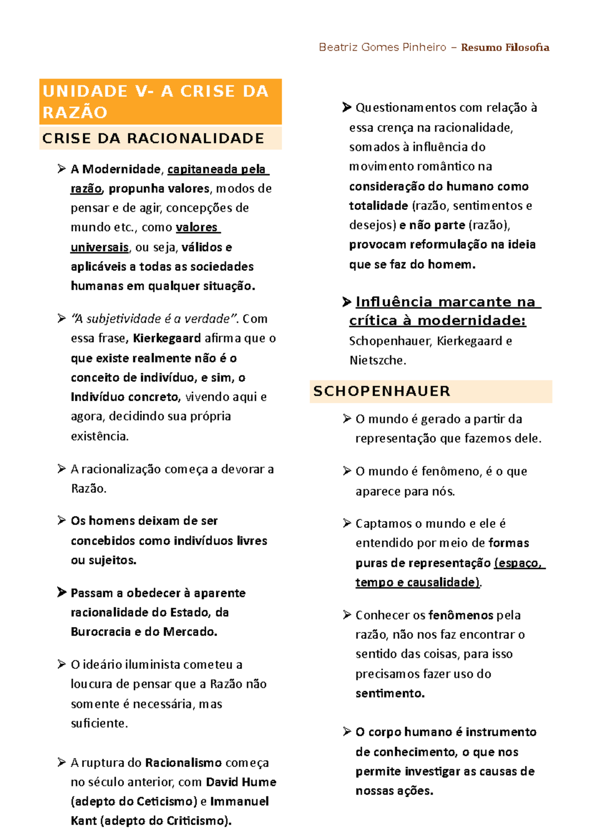 Resumo unidade V A crise da razão na filosofia UNIDADE V A CRISE