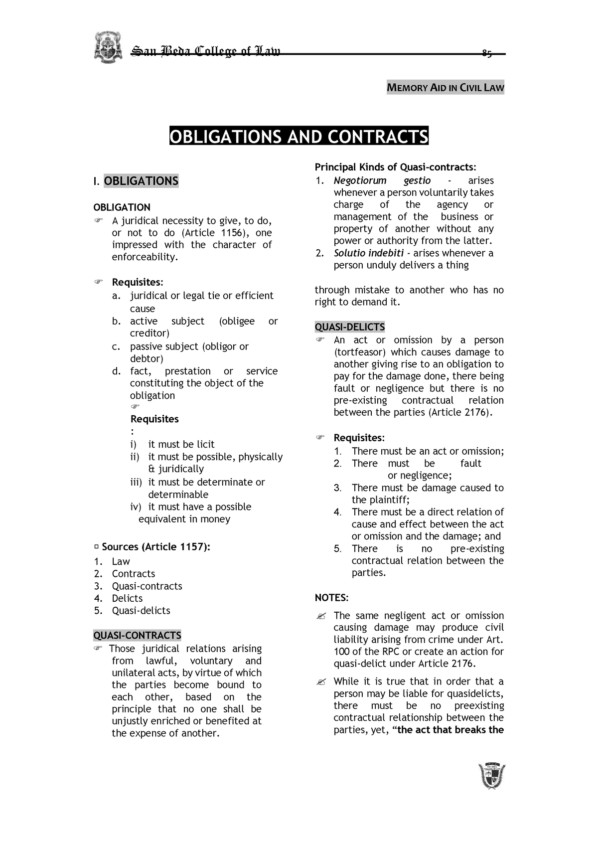 Obligation And Contracts - San Beda College Of Law 85 MEMORY AID IN ...