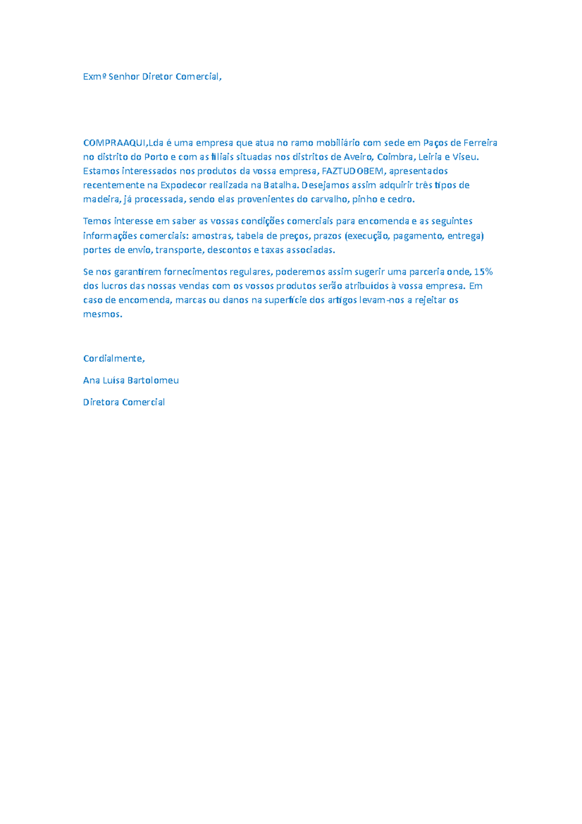 Carta Email Pedido de informações  Exmº Senhor Diretor Comercial