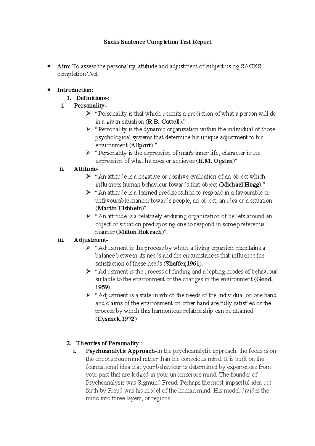 Sacks Sentence Completion Test With Answers Course Hero