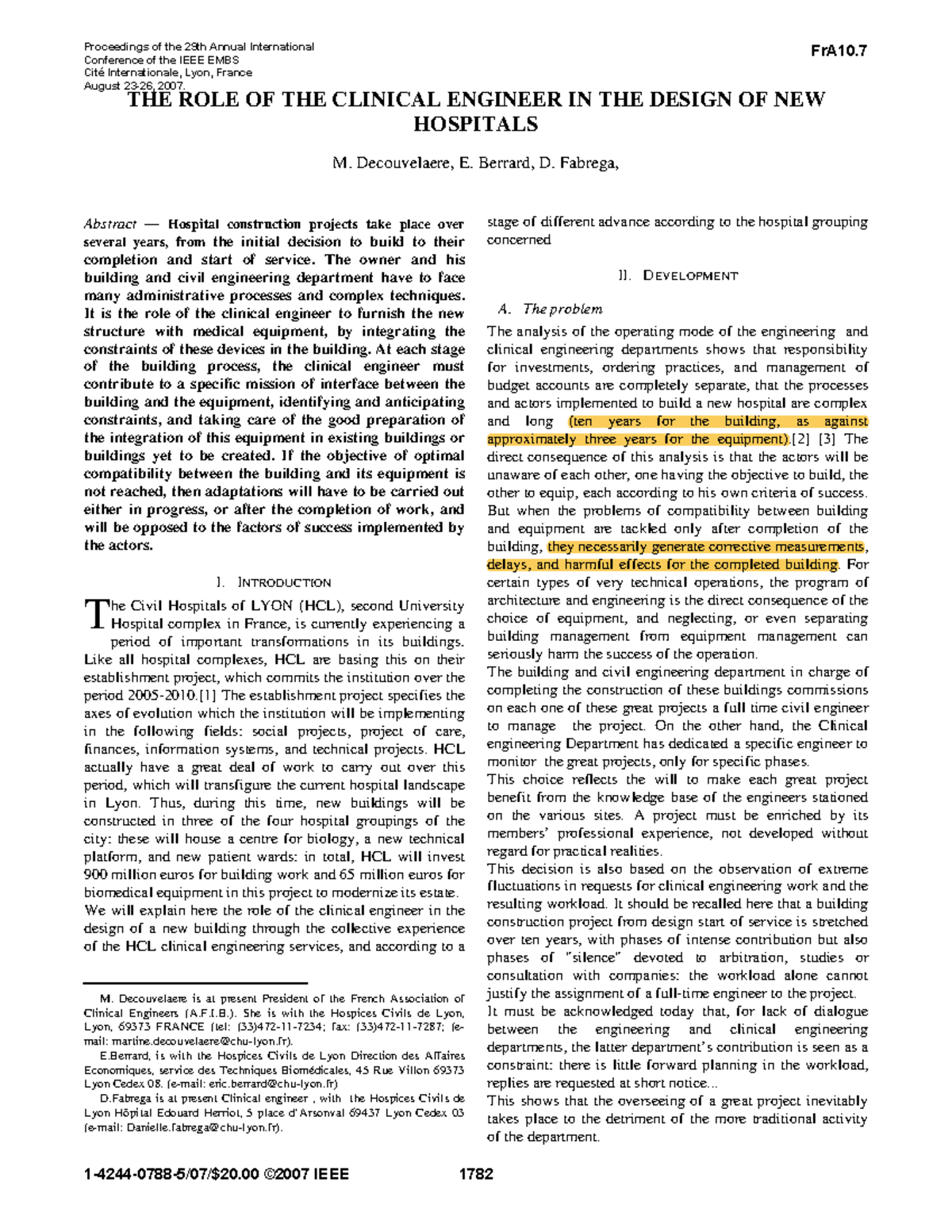 THE ROLE OF THE Clinical Engineer IN THE Design OF NEW Hospitals ...