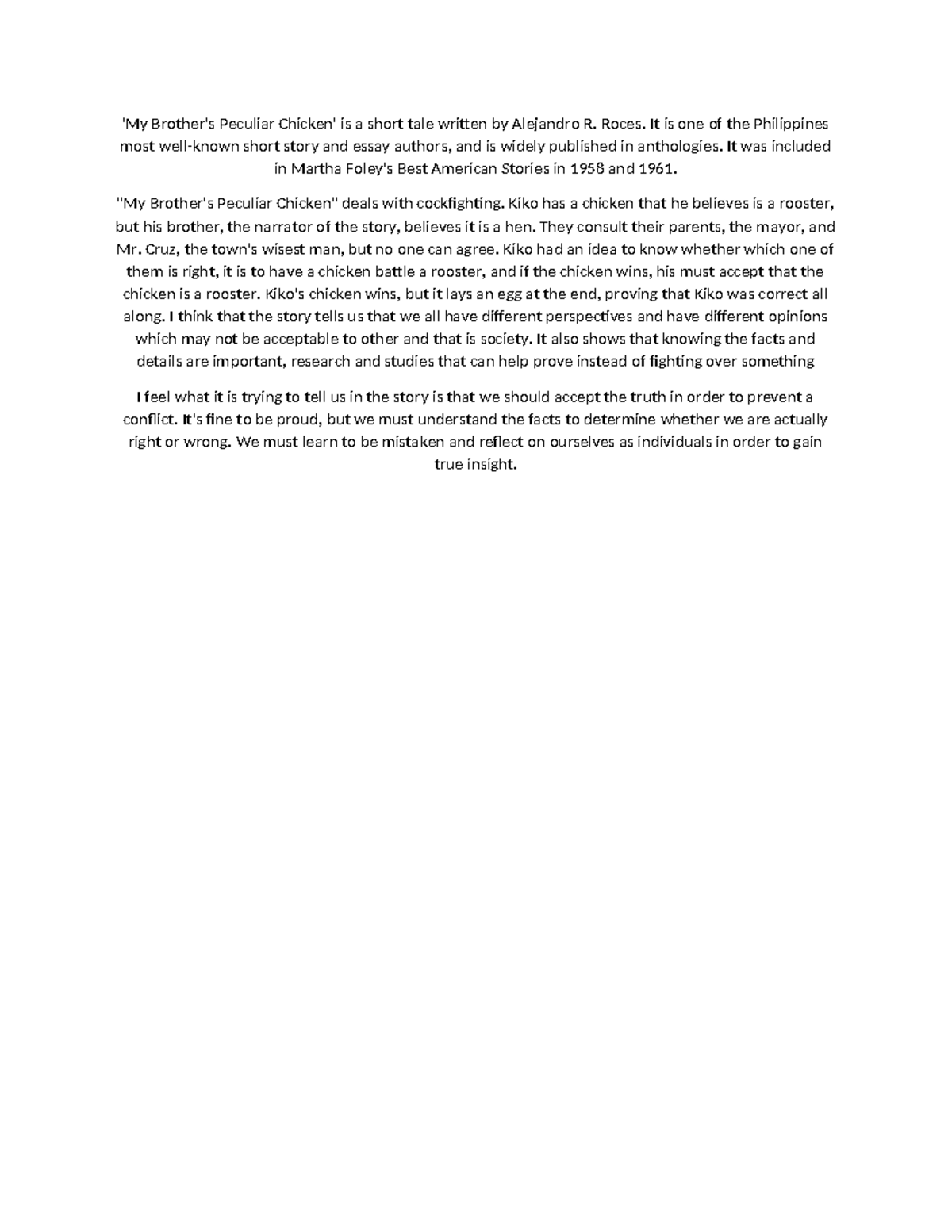 My Brother - 'My Brother's Peculiar Chicken' is a short tale written by ...