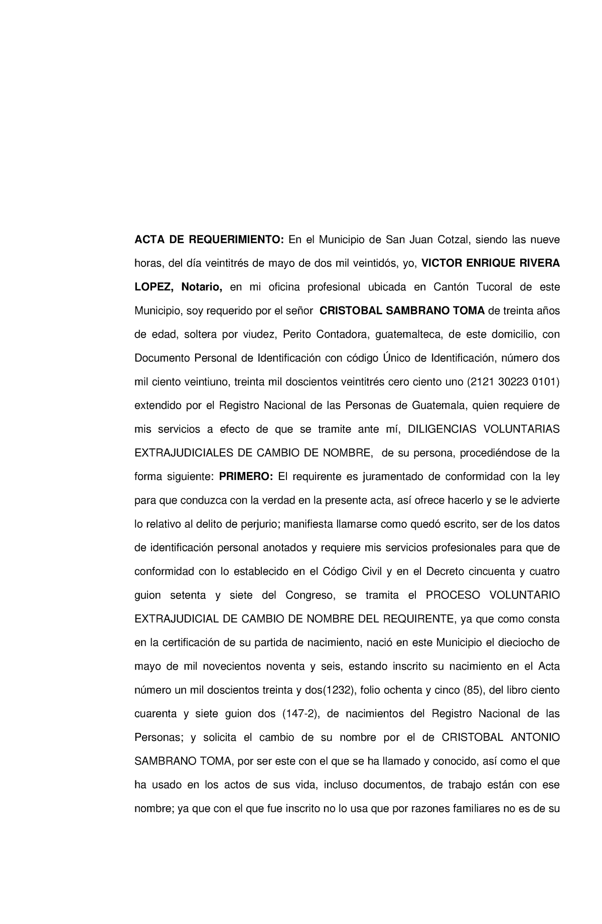 7 Minuta De Tramite De Cambio De Nombre Acta De Requerimiento En El