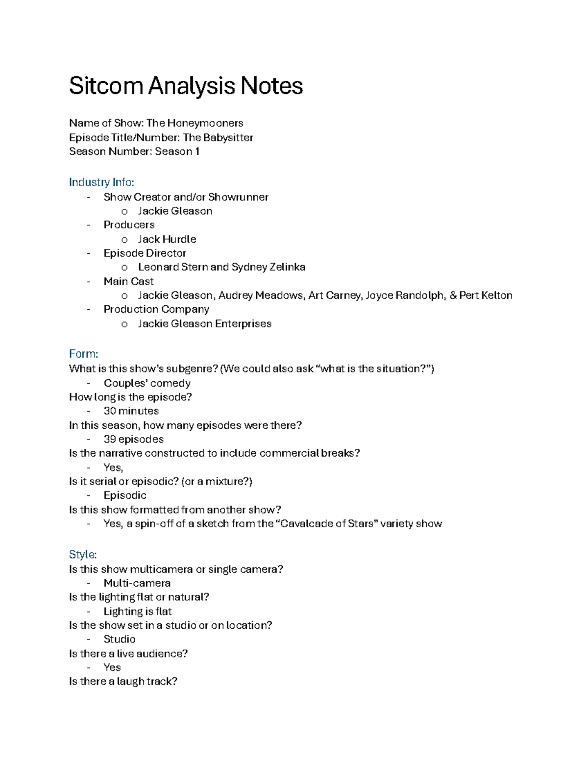 Sitcom Analysis Notes 1 - Sitcom Analysis Notes Name of Show: The ...