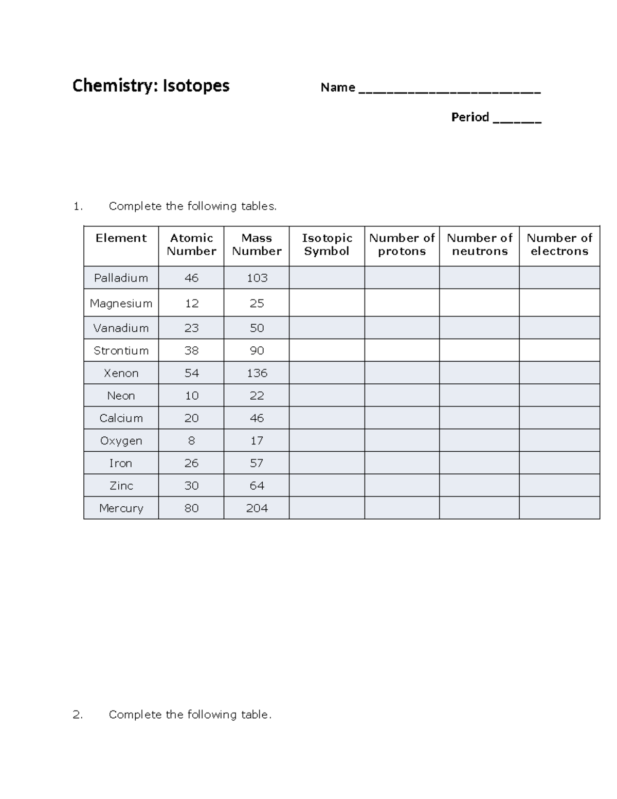 Chemistry Isotope practice - Chemistry: Isotopes Name ...