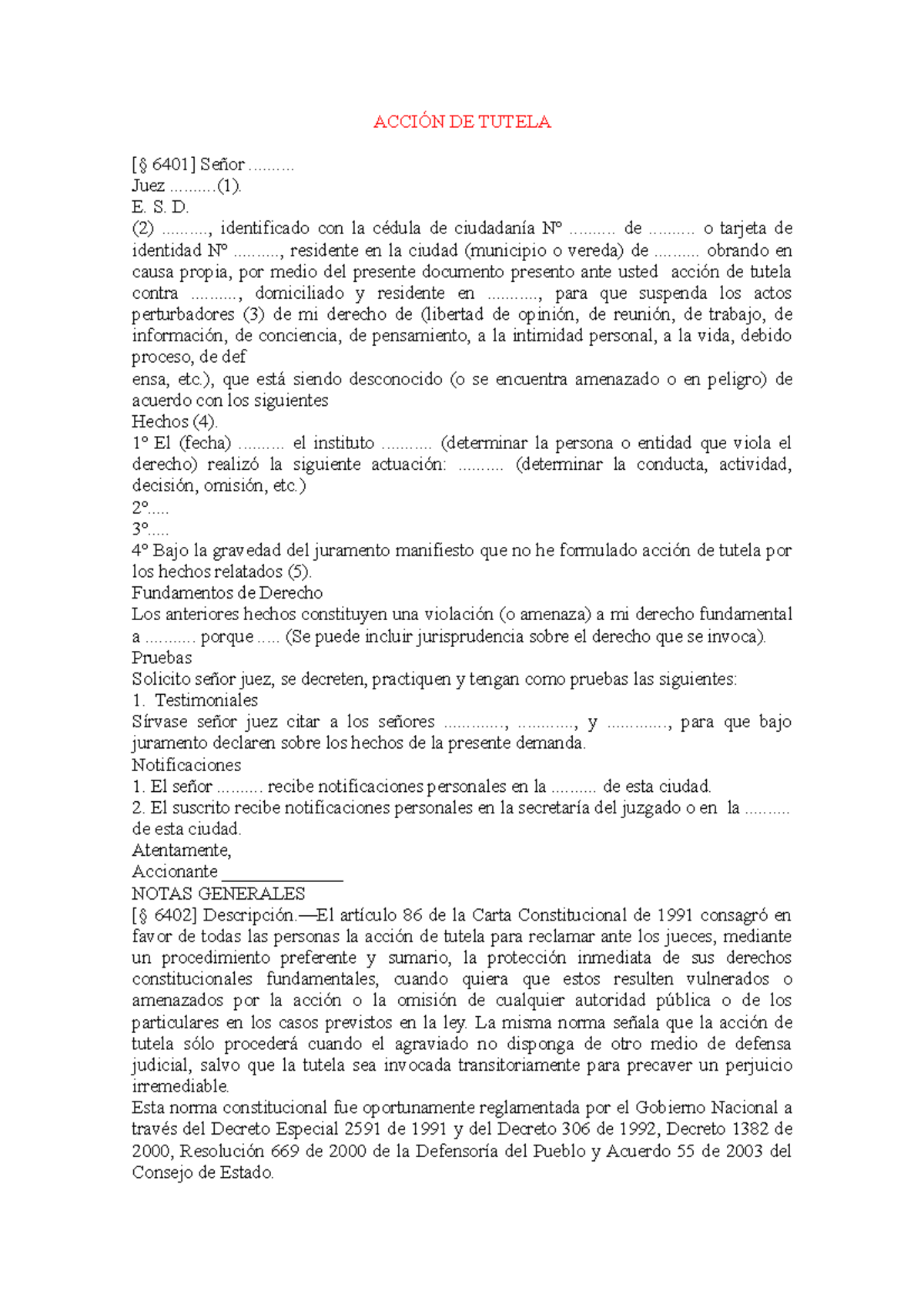 Acción DE Tutela - Modelo - ACCIÓN DE TUTELA [§ 6401] Señor ...