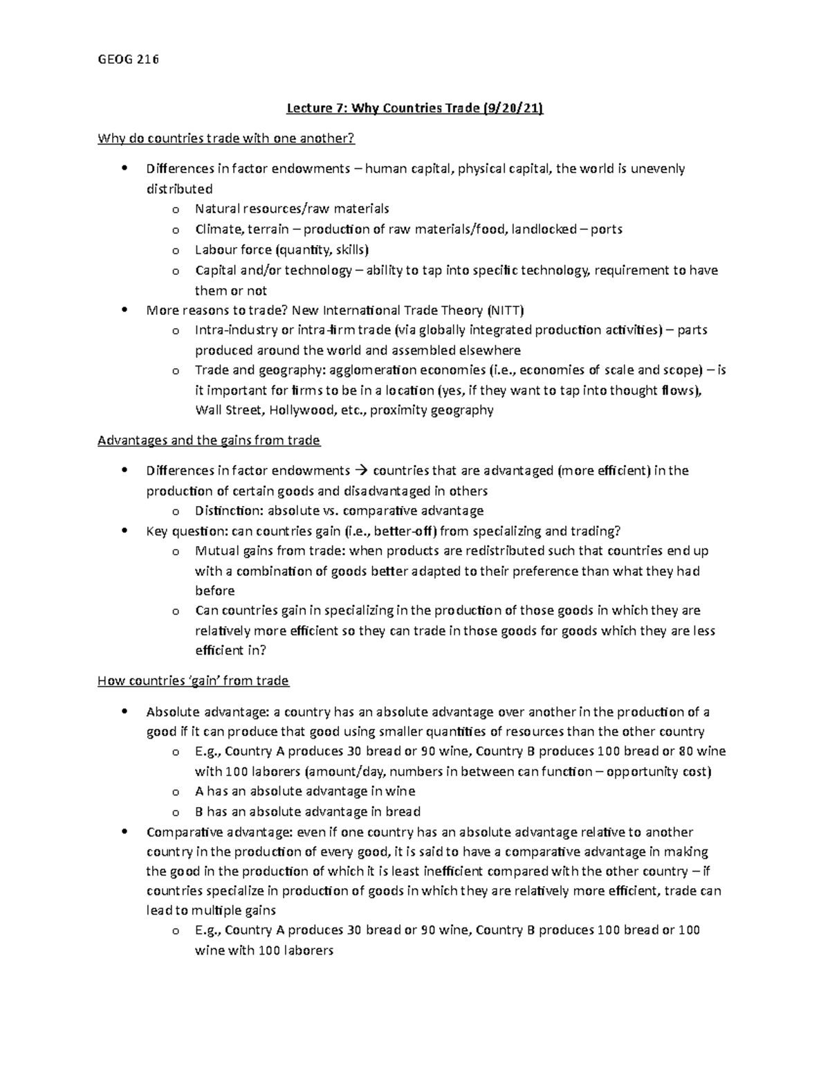 GEOG 216 Lecture 7 Notes - GEOG 216 Lecture 7: Why Countries Trade (9 ...