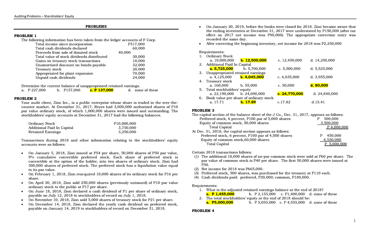 Auditing Problems – Shareholders’ Equity - PROBLEMS PROBLEM 1 The ...