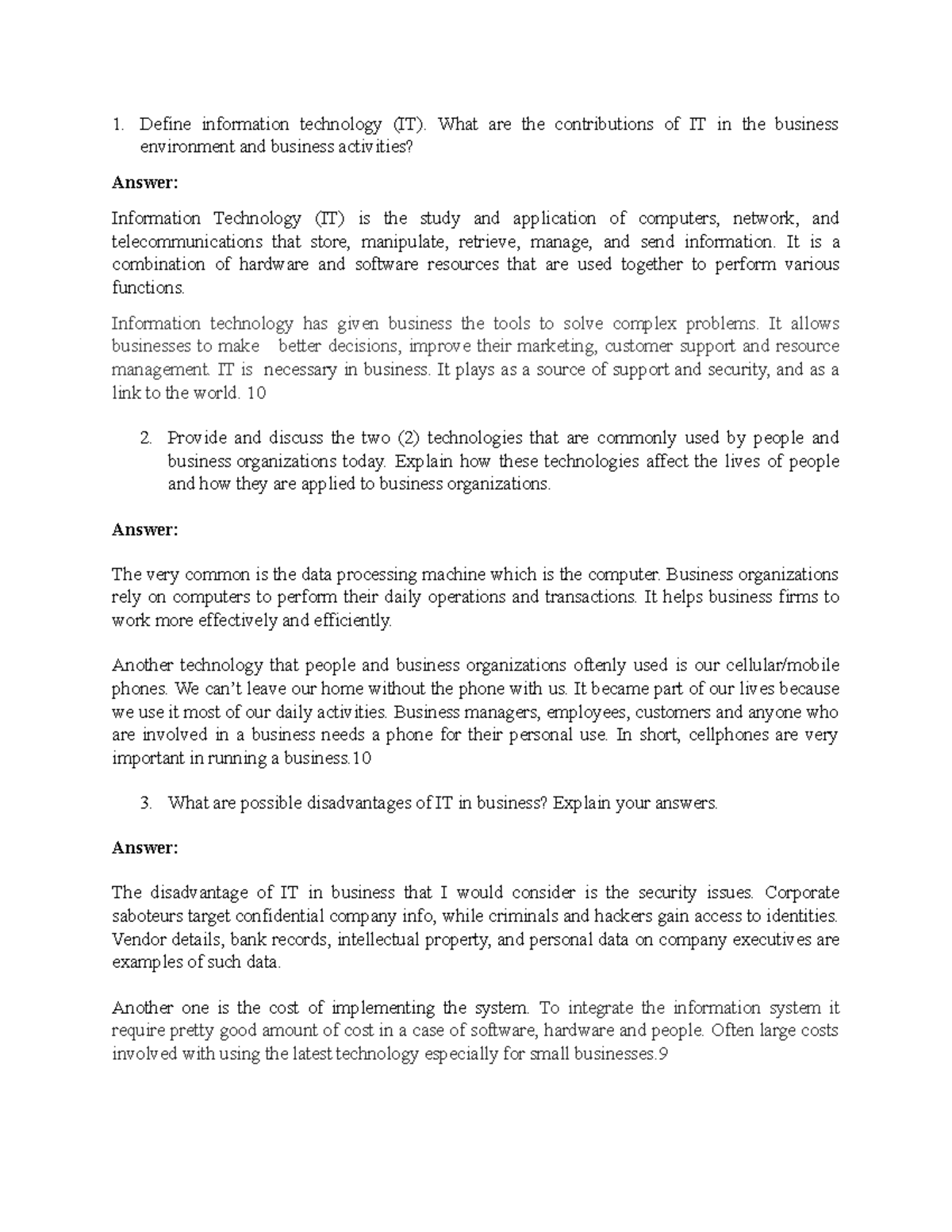 BUS IT Case Anaylsis - Case Analysis Problems With Answers - Define ...