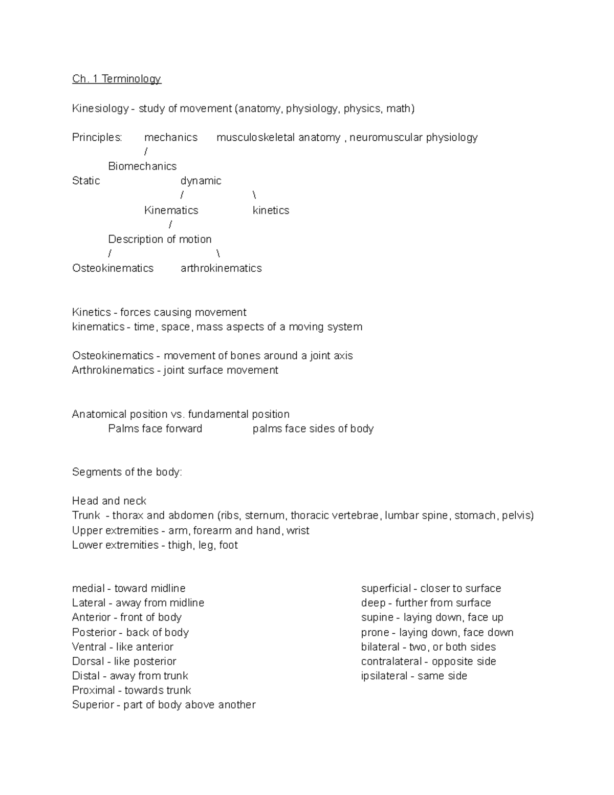 Applied Kine ch. 1 2 Notes for test 1 Ch. 1 Terminology