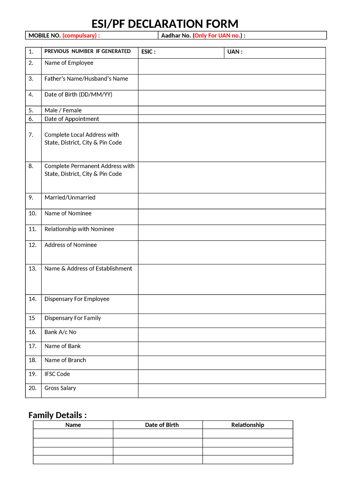 Esic Declaration Form Format (1) New - ESI/PF DECLARATION FORM MOBILE ...