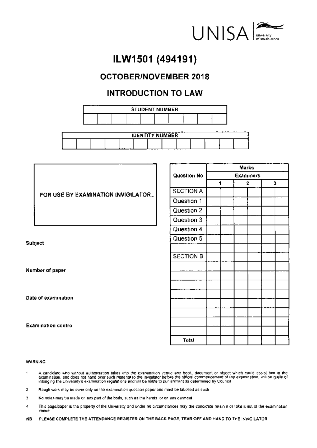 Examination Question Paper 1 October November 2018 Afl1501 Unisa Studocu Examination Question Paper 1 October November 2018 Afl1501 Unisa Studocu