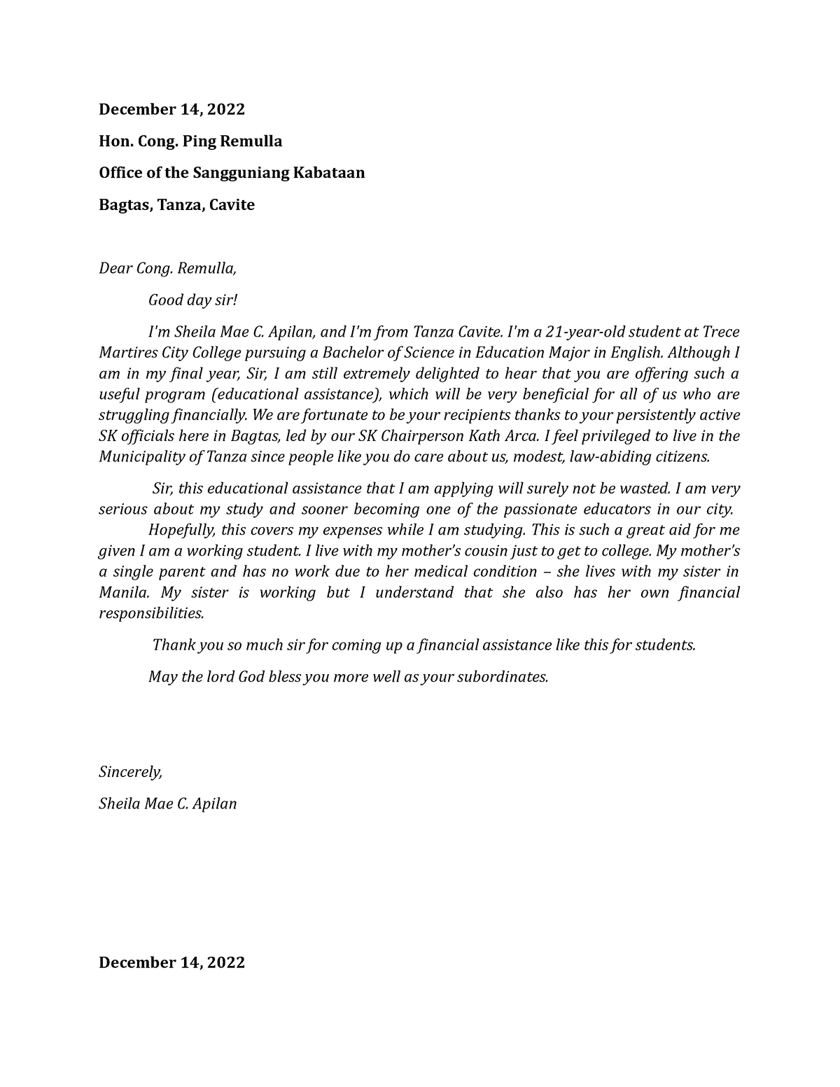 request letter for educational assistance