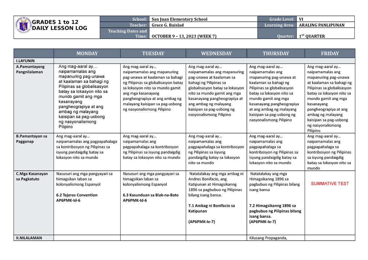 DLL Araling Panlipunan 6 Q1 W7 - GRADES 1 To 12 DAILY LESSON LOG School ...