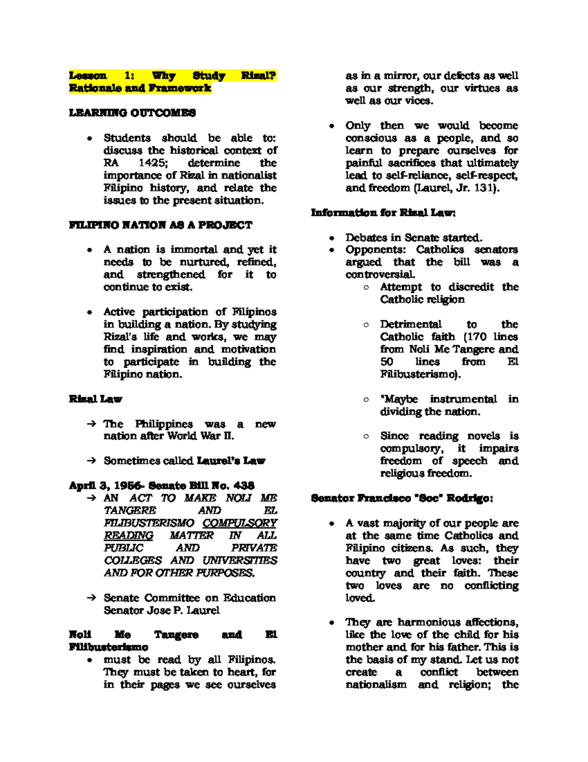 Rizal Notes - Lesson 1: Why Study Rizal? Rationale and Framework ...