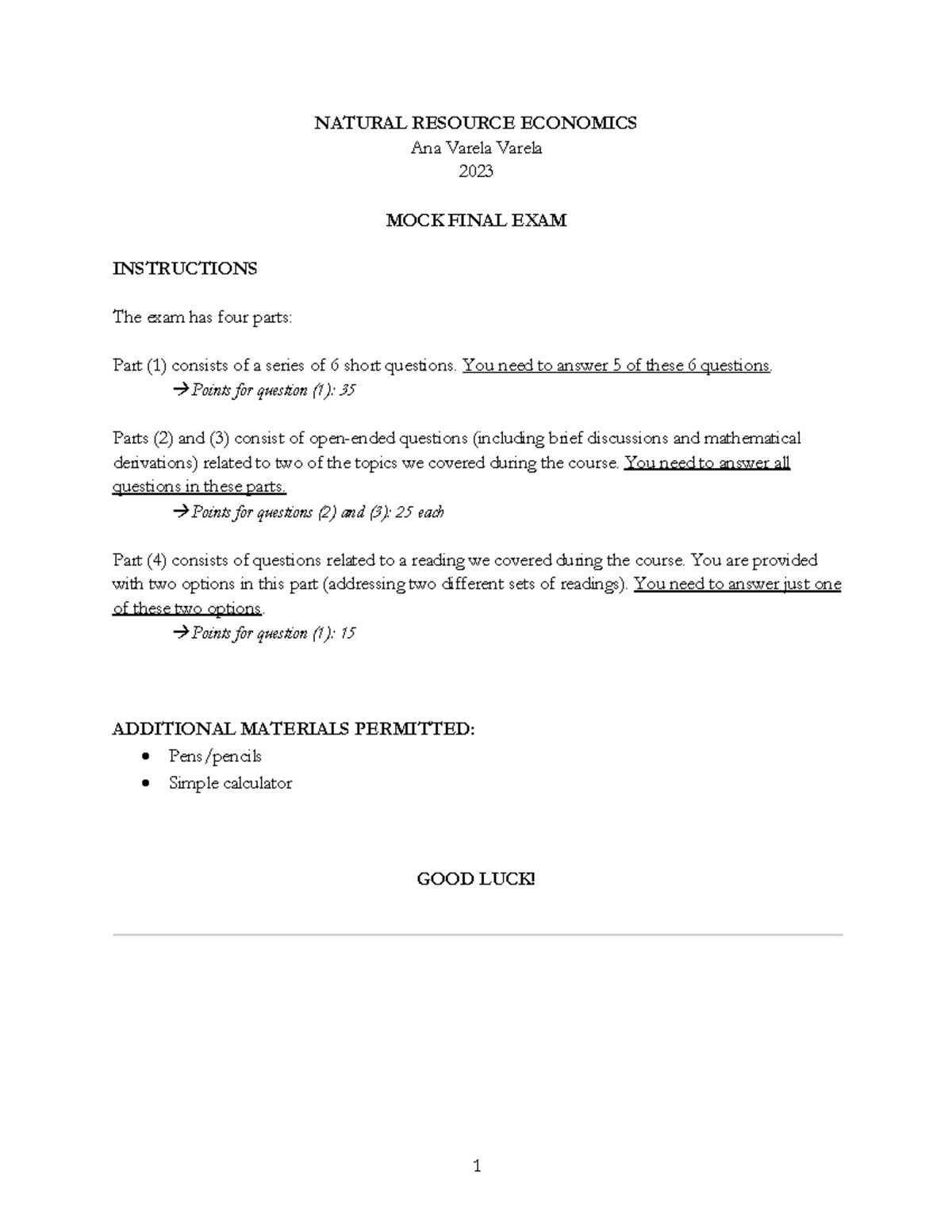 @ NRE B Mock Final Exam Answer Key - NATURAL RESOURCE ECONOMICS Ana ...