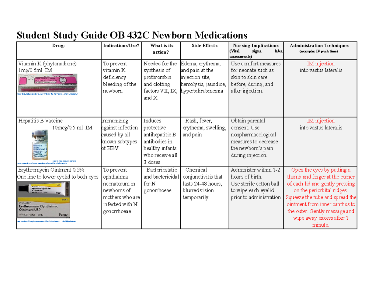 OB 432C Newborn Medications Student Study Guide - Student Study Guide ...