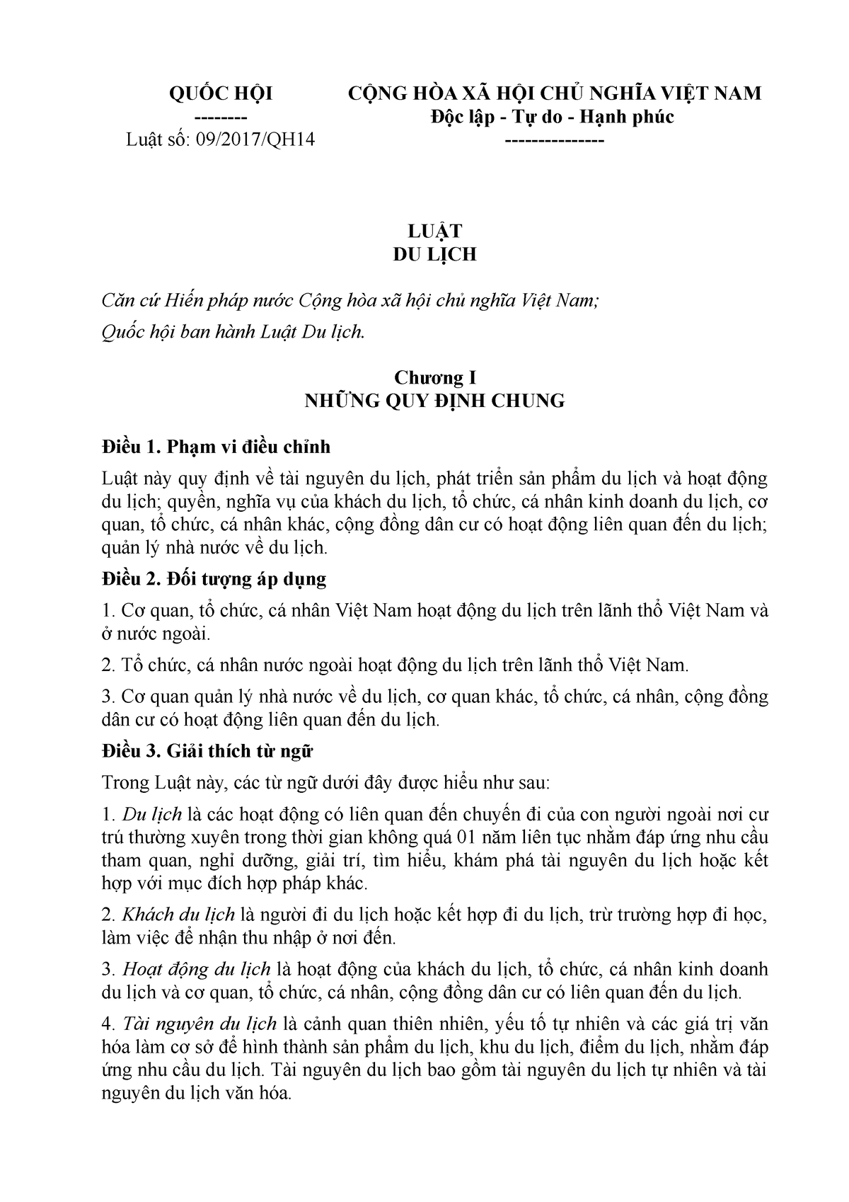 Luật du lịch 2017 - nothing to say - QUỐC HỘI - Luật số: 09/2017/QH CỘNG HÒA XÃ HỘI CHỦ NGHĨA VIỆT - Studocu
