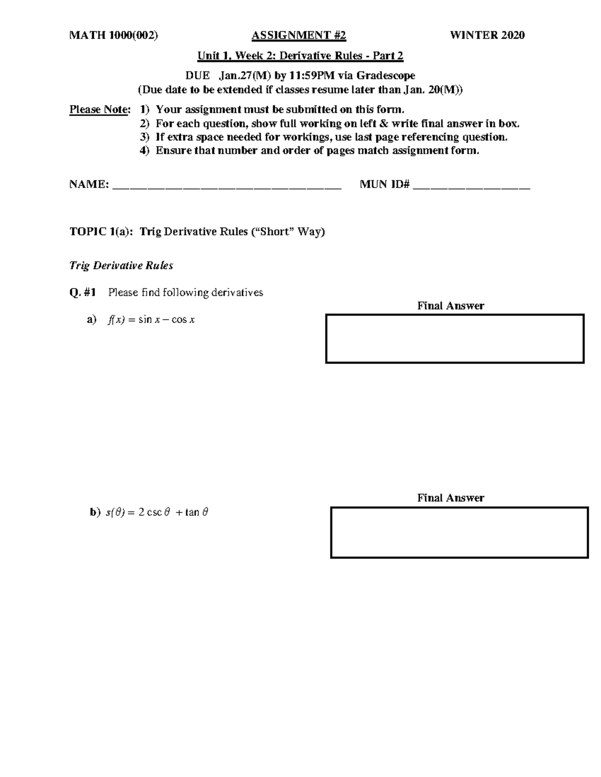 M1000(002) A2 Derivatives II 2020W - MATH 1000(002) ASSIGNMENT #2 ...