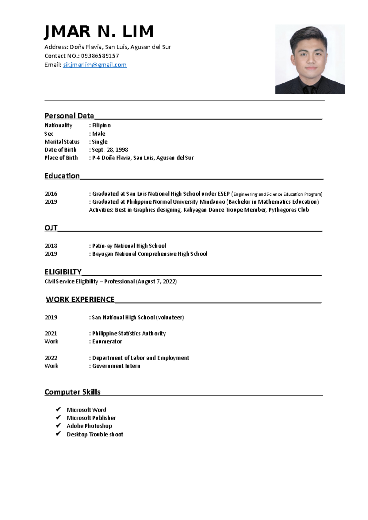 My resume - Use this as an example - JMAR N. LIM Address: Doña Flavia ...