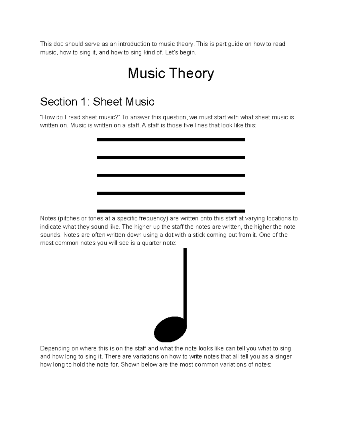 Intro to Music Theory This doc should serve as an introduction to