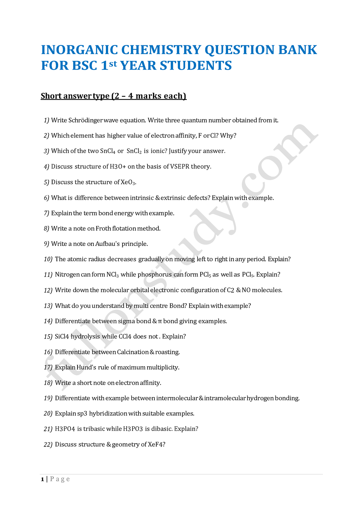 chemistry assignment topics for bsc 1st year