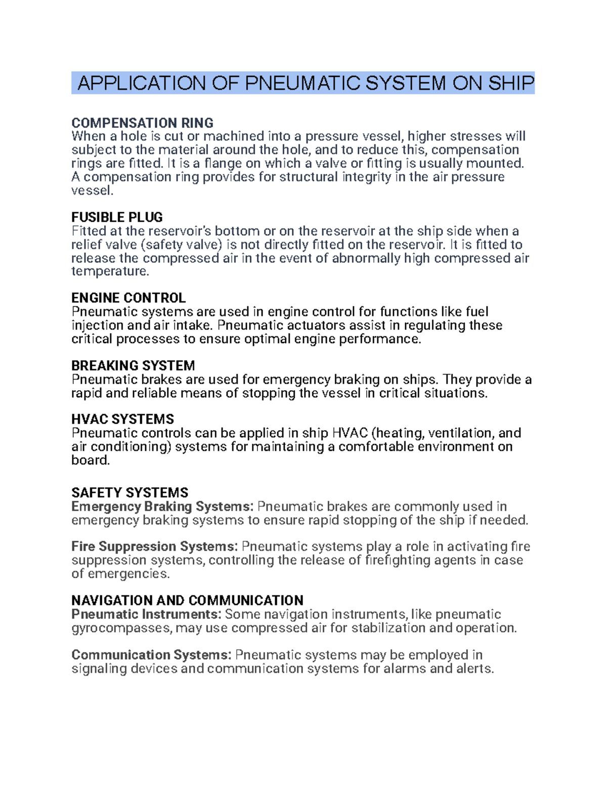 Pneumatic System ON SHIP APPLICATION OF PNEUMATIC SYSTEM ON SHIP