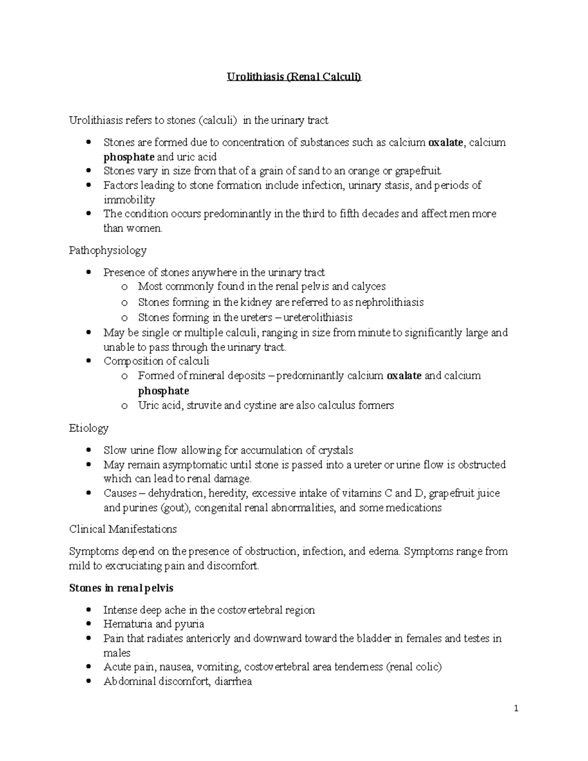 Urolithiasis (renal calculi) notes - Urolithiasis (Renal Calculi ...