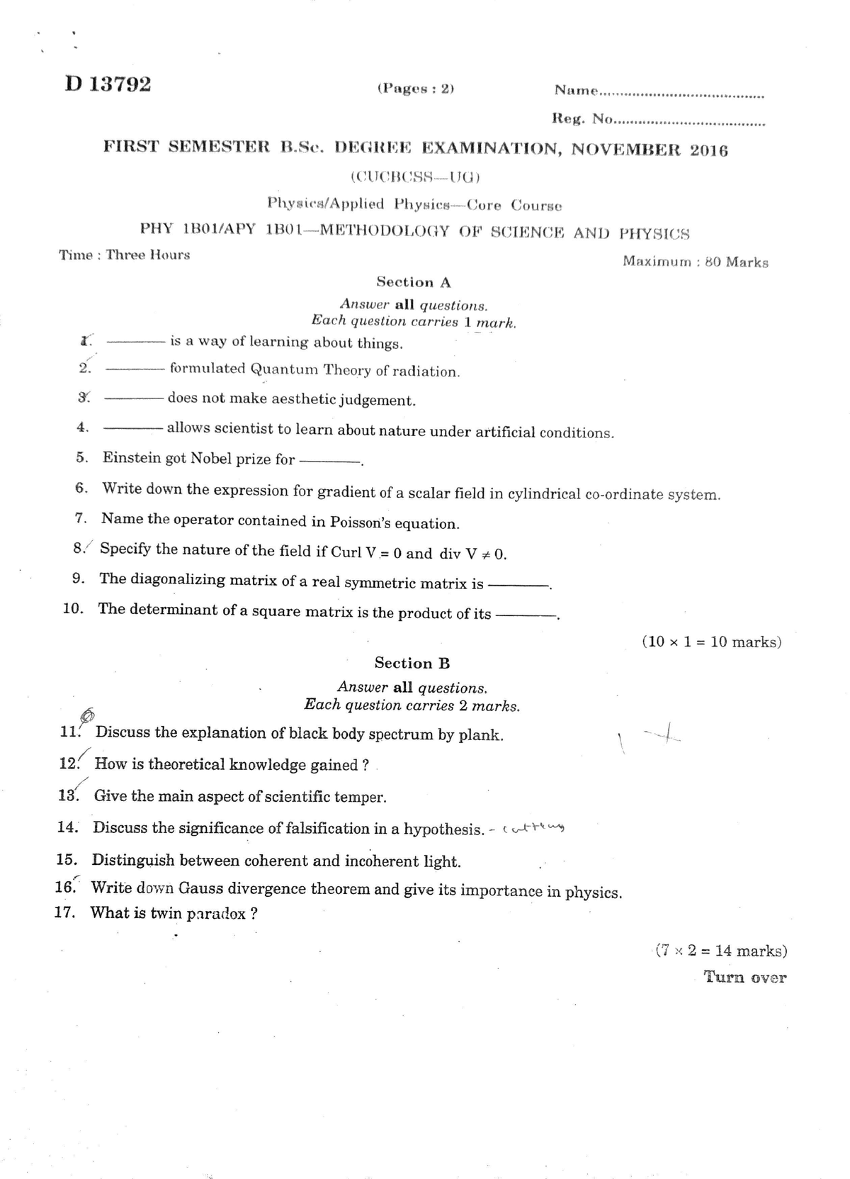 1sem physics - Previous years Question paper - Bsc physics - Studocu