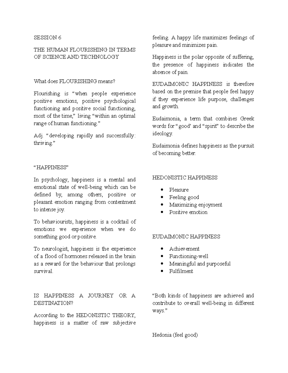 STS Finals notes SESSION 6 THE HUMAN FLOURISHING IN TERMS OF SCIENCE